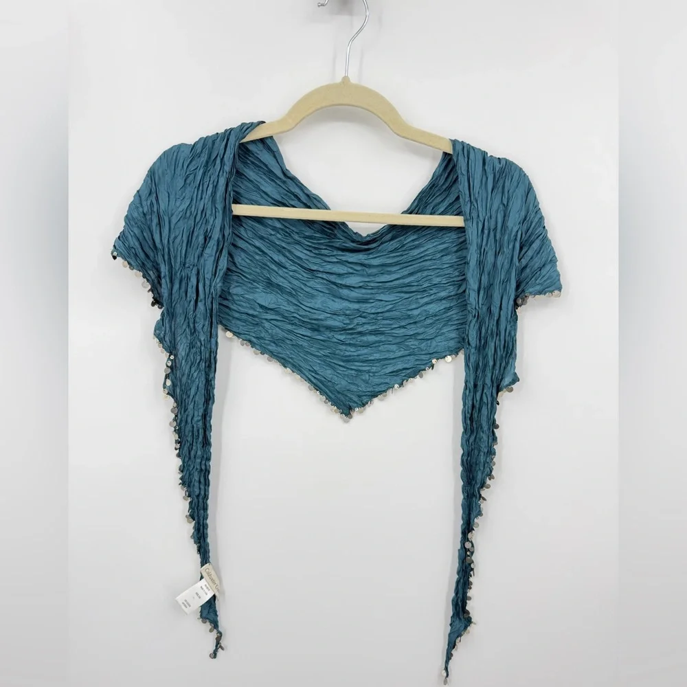 Coldwater creek scarf teal‎ 100% silk embellishment silver sequins trim